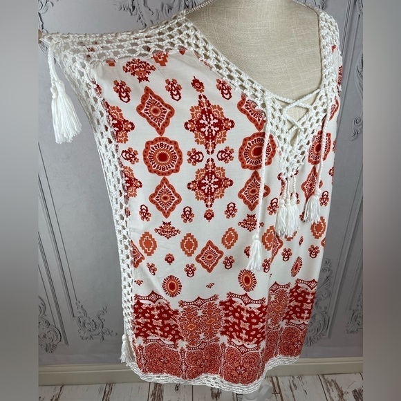 Swimsuit Coverup Top Damask Print Tassel Lace Up Crochet Batwing Plus size - Picture 9 of 12